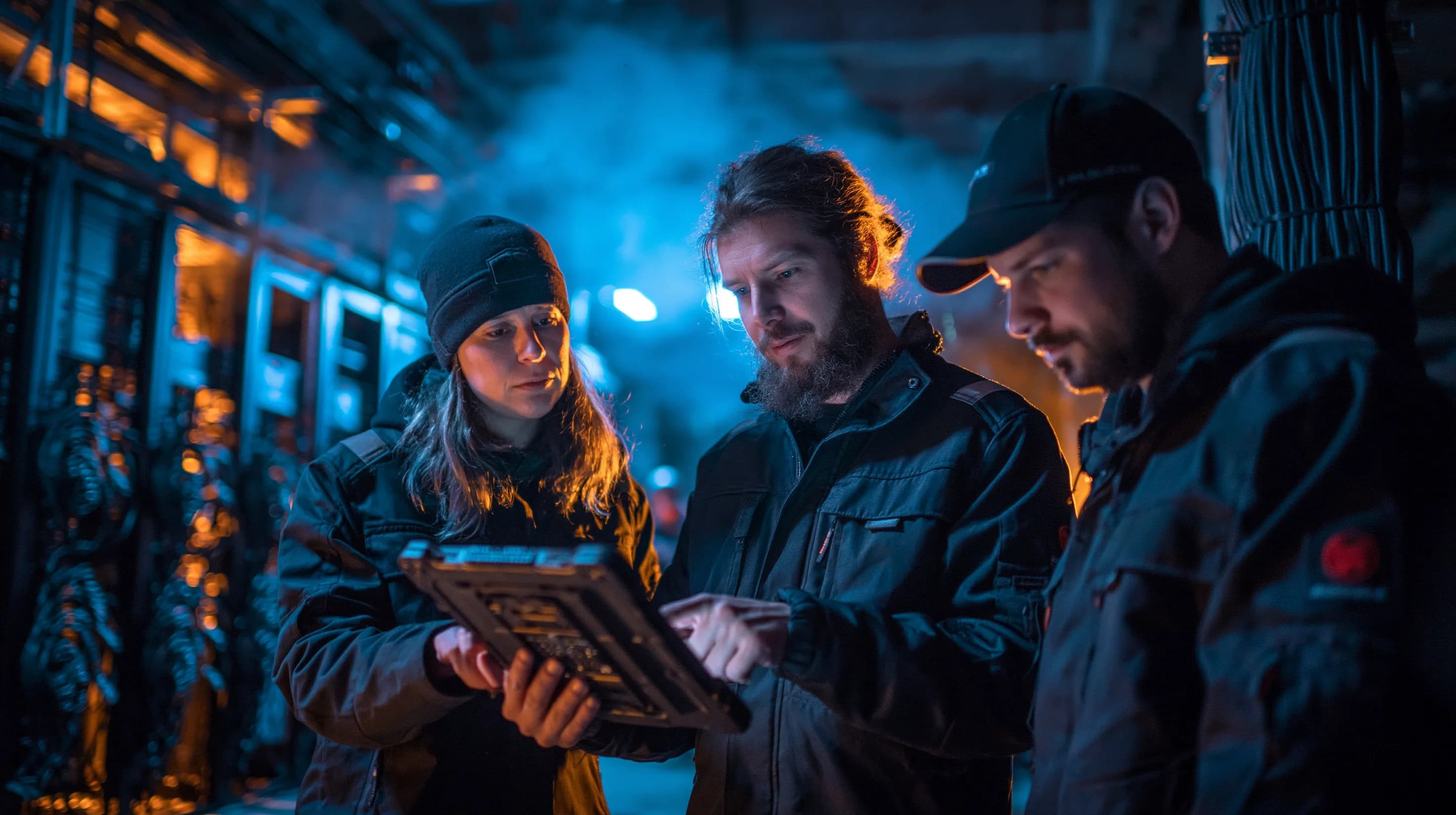 A low-voltage installation crew coordinating on a ruggedized tablet inside a commercial network room — LVForce commercial low-voltage services for general contractors