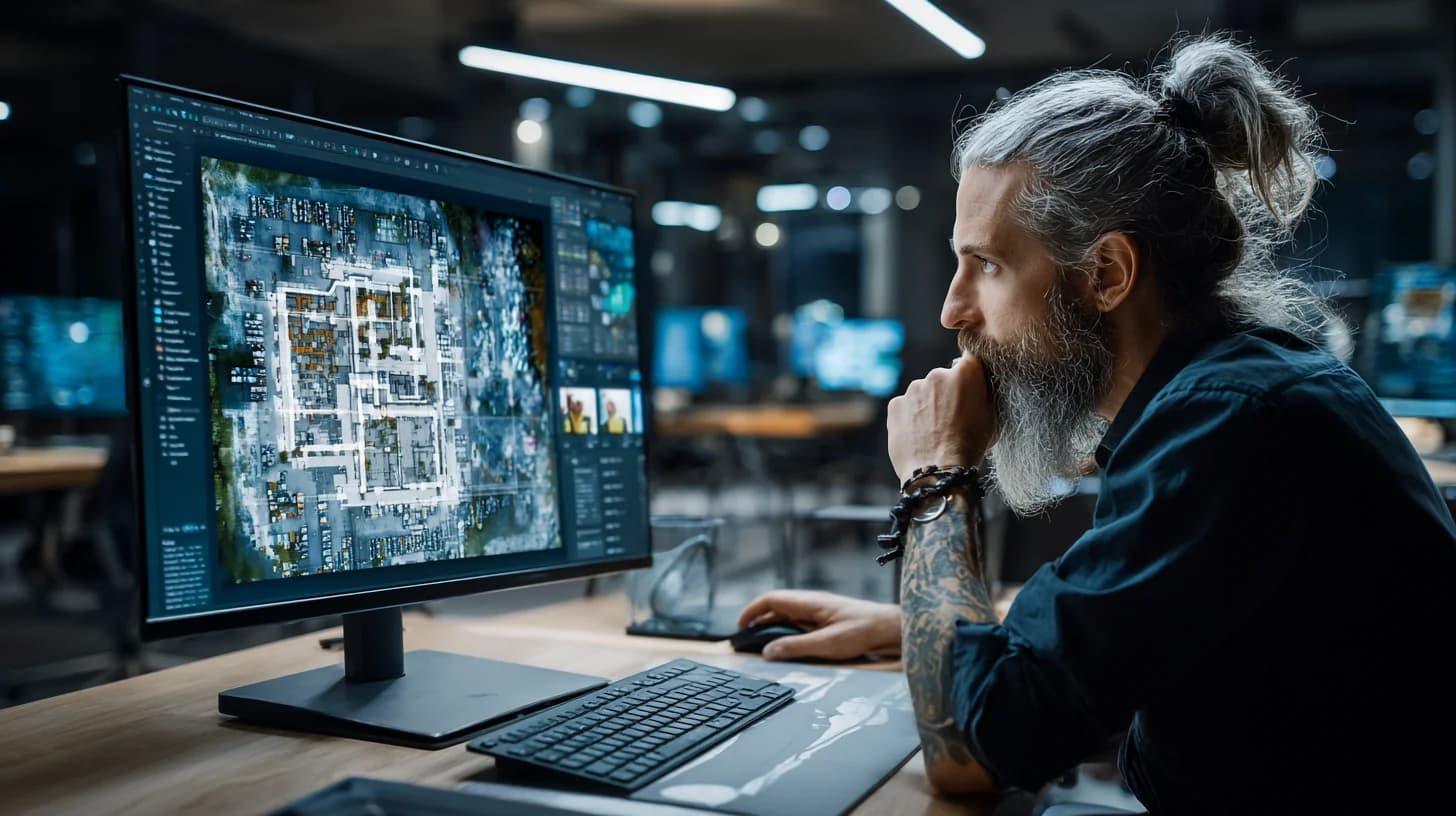 Network engineer reviewing commercial WiFi site survey heat map showing signal coverage across commercial building floor plan