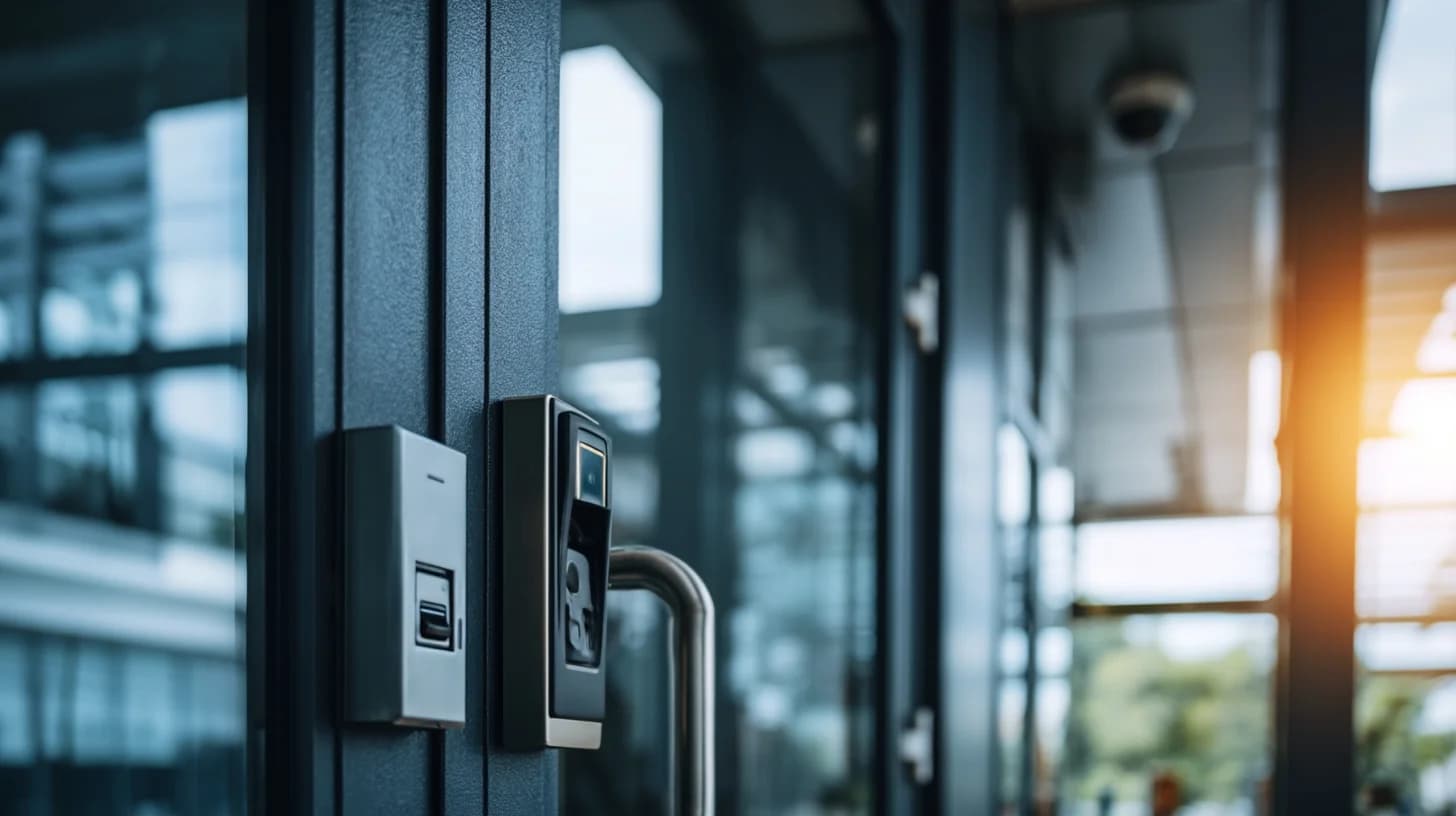 Commercial access control system with keycard reader and biometric panel installed at corporate office building entrance