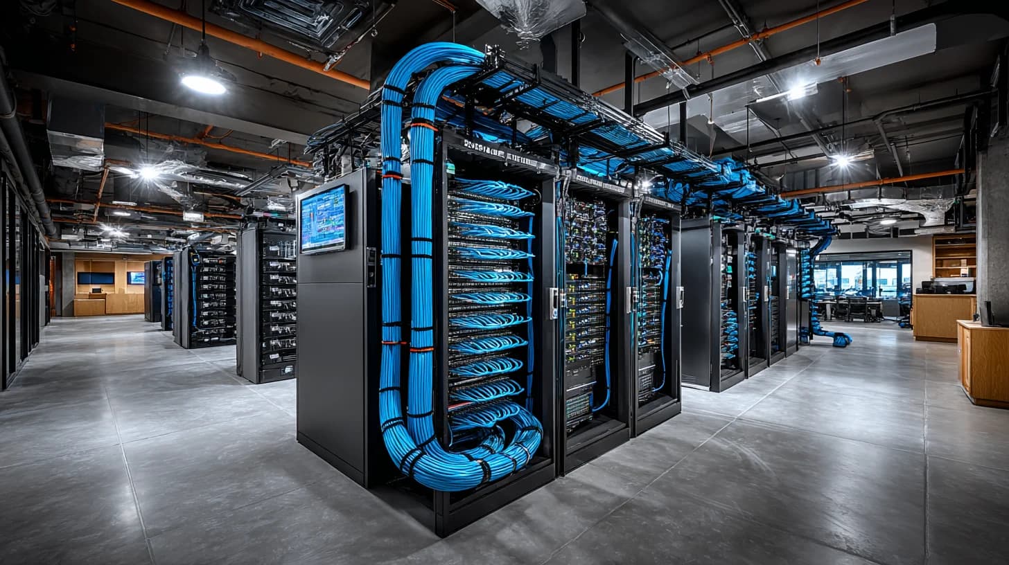 Commercial structured cabling installation showing organized patch panels and network rack in server room