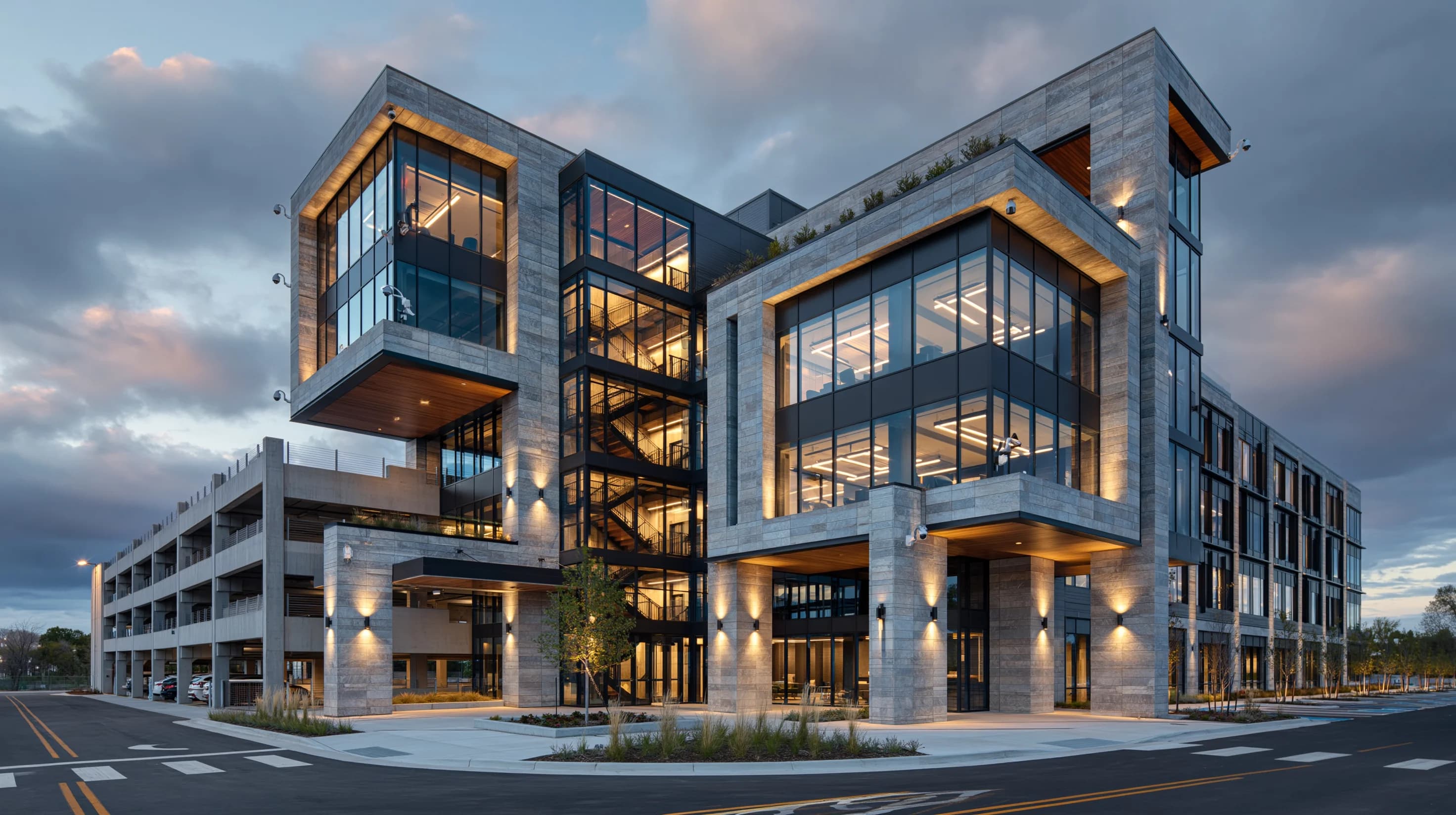 Commercial security camera systems installed on modern office building exterior showing multiple IP camera coverage points